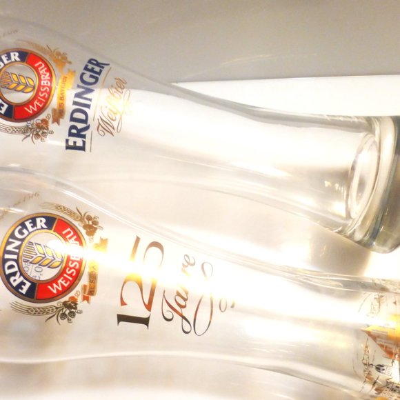 BX63 PAIR of ERDINGER Beer Glasses 125th Anniversary German Beer Weissbrau - Picture 1 of 4